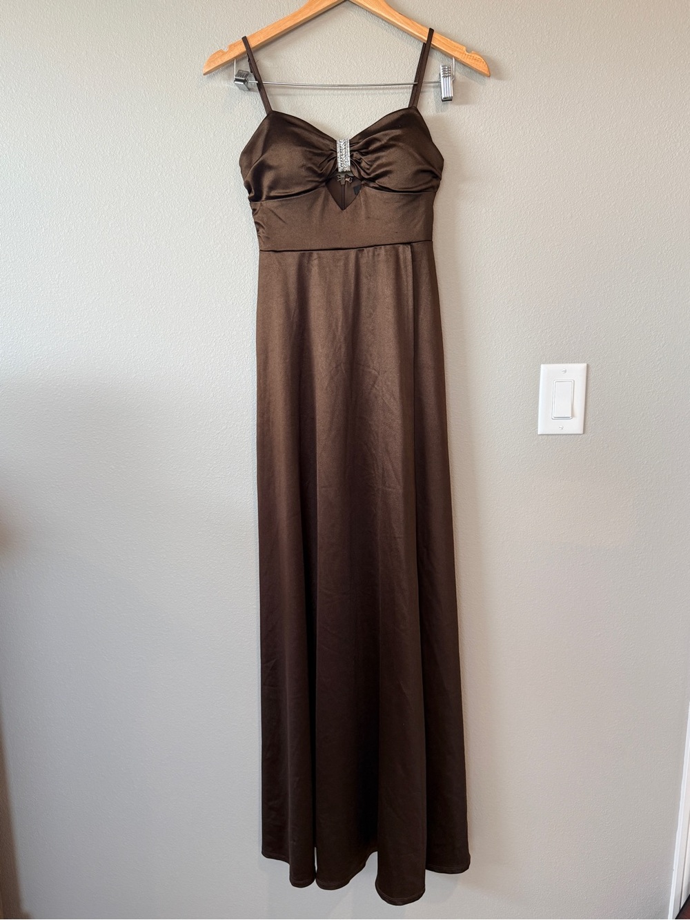 Jump Apparel Chocolate Brown Satin Formal Maxi Dress Rhinestone Slit Prom 1/2 XS